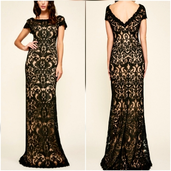 TADASHI SHOJI, New, Adena Corded Embroidery Tulle Black Nude Gown Dress, SZ 12P - Picture 1 of 11